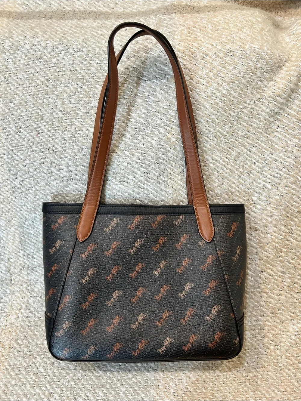 Coach Black Signature Horse and Carriage Tote with Brown Leather Trim EUC